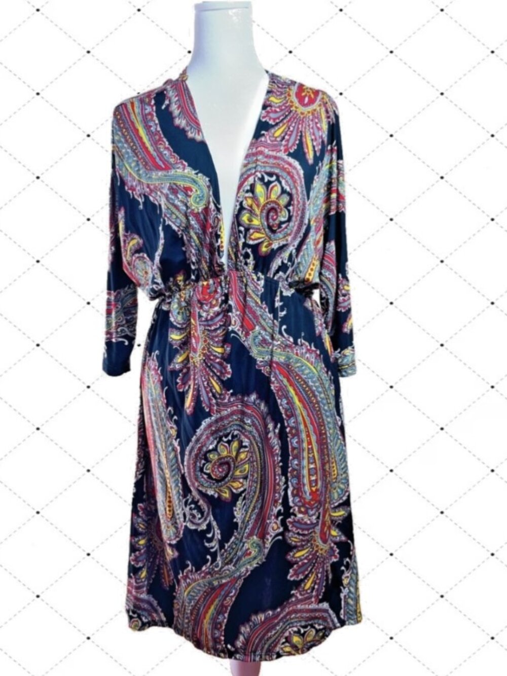 Navy Paisley Midi Wrap Dress with Tie Waist